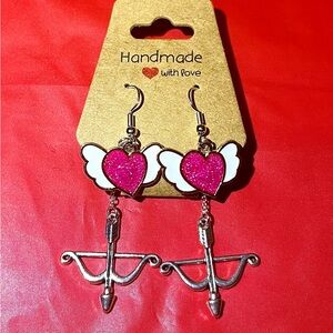 Pink Heart Wing Earrings with Silver Bow